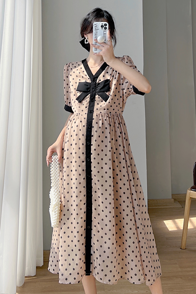 Maternity Dresses 8927# Summer Korean Fashion Dot Printed Maternity Long Dress Elegant Chic Ins A line Slim Clothes for Pregnant Women Pregnancy 23041