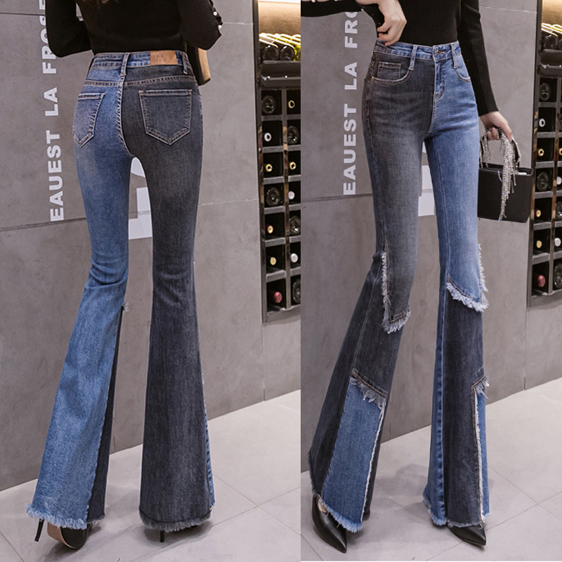 Women's Jeans Vintage Contrast Patchwork Flared Jeans Ladies Stretch High Waist Skinny Boot-Cut Trousers Mujer Fashion Denim Pants For Women 2304