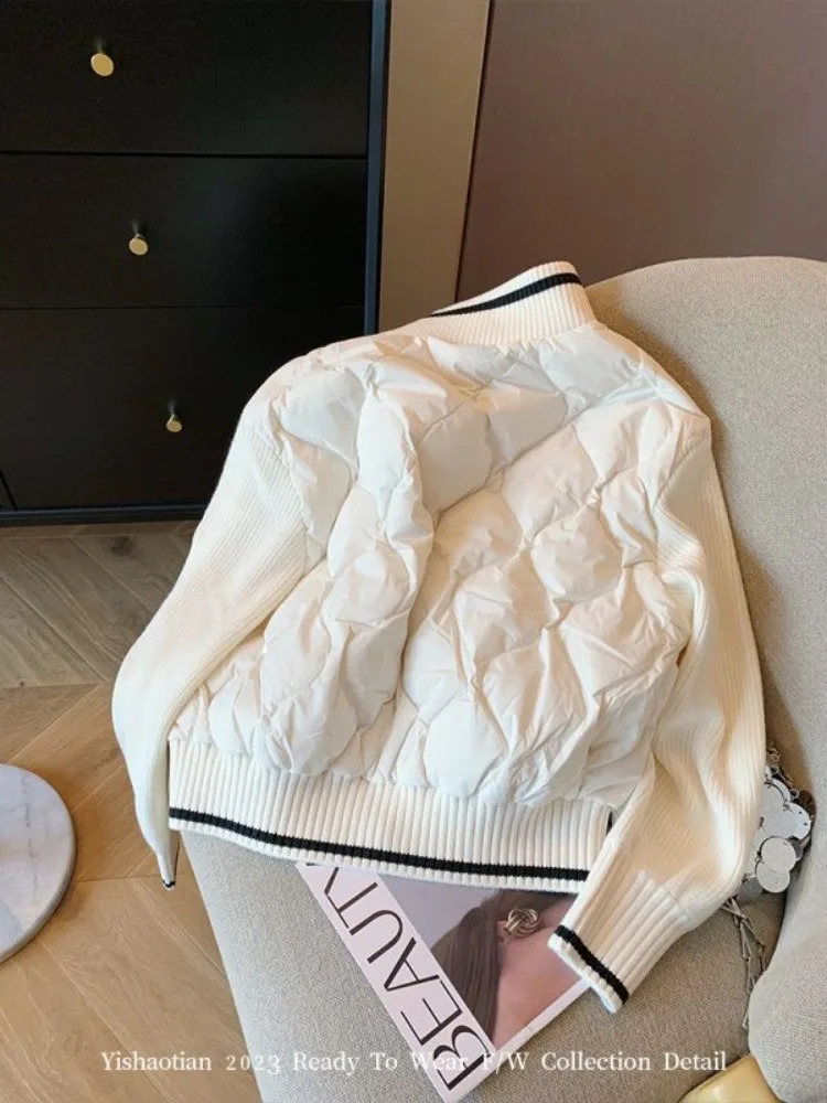 Women's Down Parkas Stand Collar Knitted Mosaic Rhombic Cottonpadded Jacket Women Autumn Winter 2023 Fashion Loose Coats Allmatch Female 231116