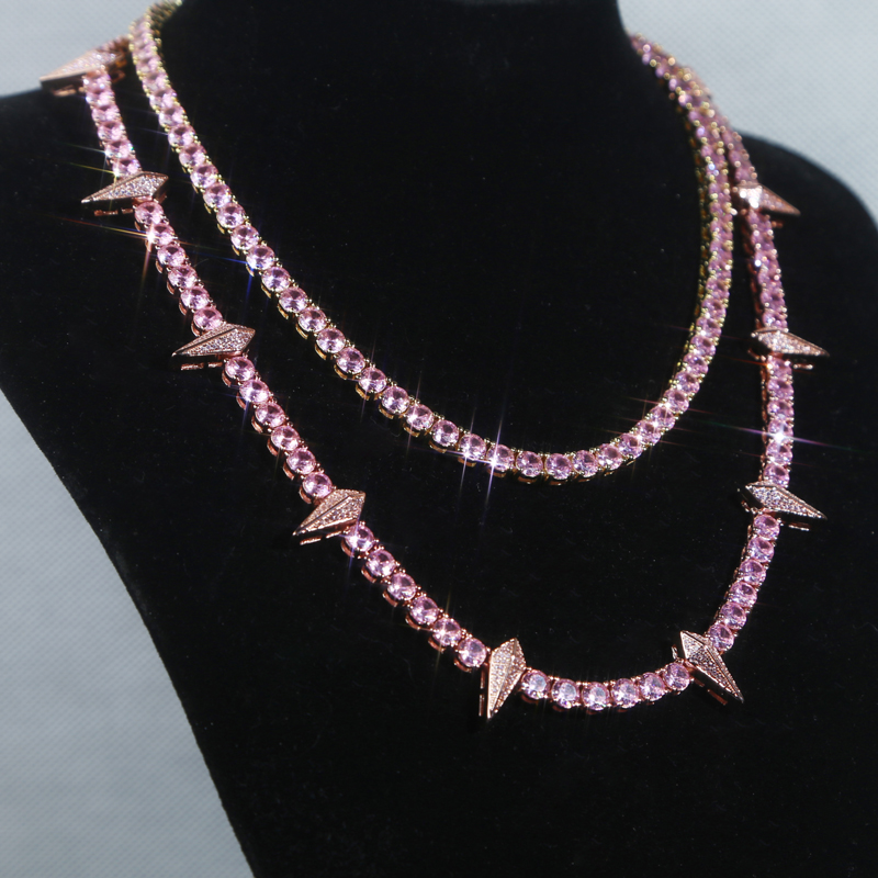 Drop Ship Hip Hop Spike Charm Necklace Paved Pink Cz Stone Plated Rose Gold for Women Men Punk Styles Iced Out Jewelry