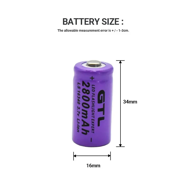 Batteries Li-ion 2800mAh, rechargeables 3.7V, 16340 mAh, pour lampe de poche LED, chargeur mural de voyage