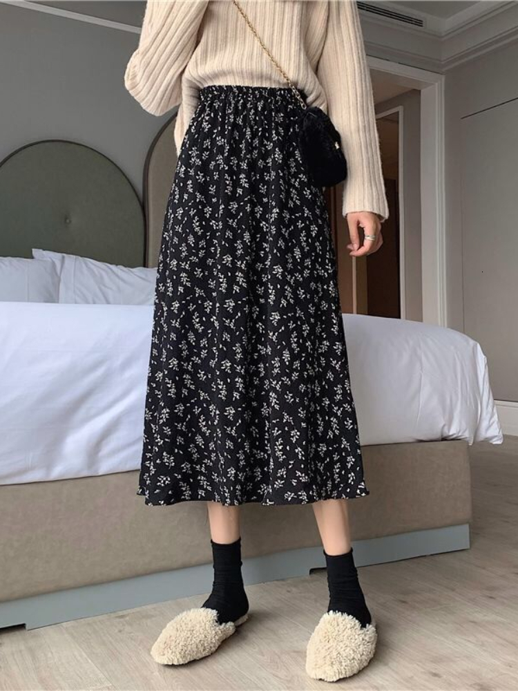 Skirts HOUZHOU Vintage Floral Skirt Women High Waist A-line Mid-Calf Casual Skirt Korean Fashion Loose Spring Summer Female Outfit 230417