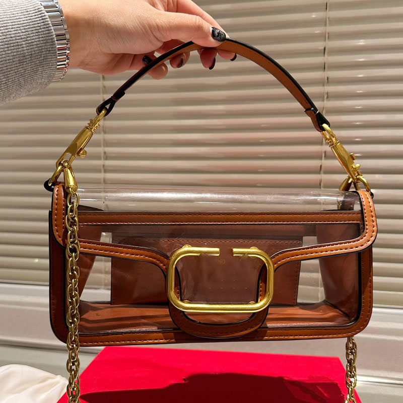 Flap Messenger Bag Chain Shoulder Crossbody Bags Women Handbag Purse Transparent Pvc Gold Hardware Letter Buckle Genuine Leather Clutch High Quality