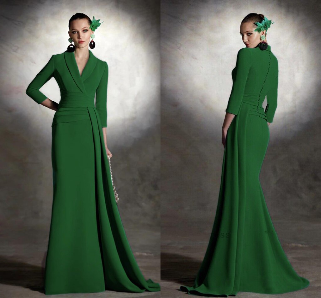 Dar Green Evening Formal Dresses Elegant V Neck 3/4 Sleeves Soft Satin Mermaid Women's Formal Prom Gowns 2023 Vestidos Longo Robe De Soiree