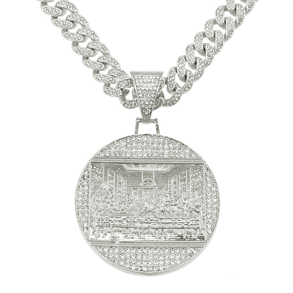 Pendant Necklaces Hip hop exaggerated diamond embellished large round label pendant necklace trendy men punk domineering cool Cuba chain accessory 210
