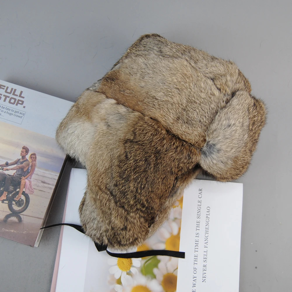 BeanieSkull Caps Men's Warm Natural Rabbit Fur Bomber Hat With Earflaps Winter Men Russian Ushanka Real Hats 231117