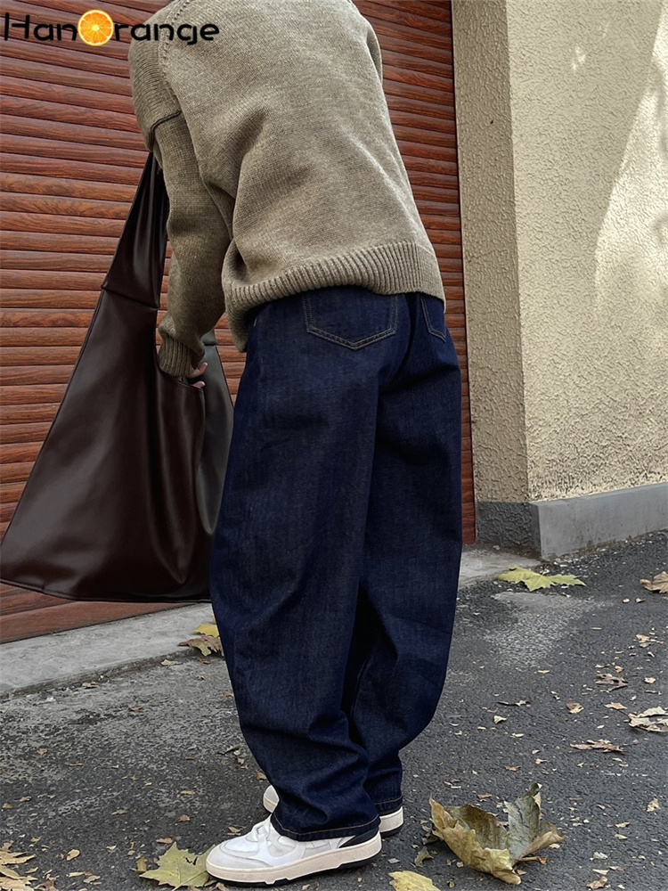 Women's Jeans HanOrange Winter Vintage Arc High Waist Wide Leg Jeans Women Thickened Warm Loose Casual Trousers Female Dark Blue 230417