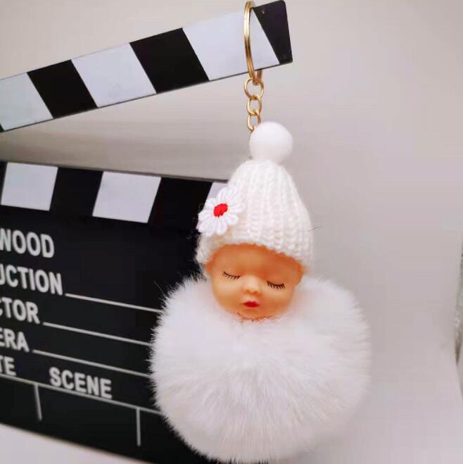Cute Sleeping Baby Doll Keychain Pompom Helmet Rabbit Fur Ball Carabiner Key Chain Keyring Key Holder Bag Pendant key Ring Gift