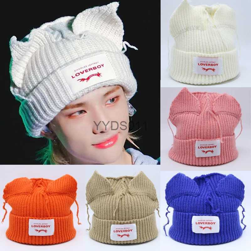Beanie/Skull Caps Cute Long Ears fox Knitted Hat Men Women Rabbit Ear Warm Crochet Beanies Kpop Stray Kids Hip Hop Hat Woman Winter Skullies Cap YQ231