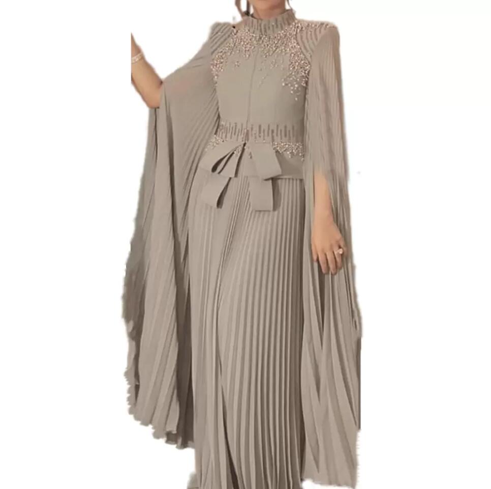 Muslim Arabic Dubai Kaftan Chiffon Pleats Evening Dresses Pearls Beaded High Neck Elegant Prom Party Gowns Moroccan Caftan