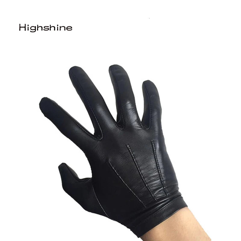 Five Fingers Gloves Men's Unlined Leather Gloves Wrist Button One Whole Piece of Sheep Leather Touch Screen Winter Warm Driving Gloves Black Brow