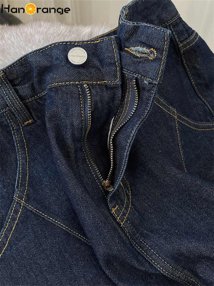 Women's Jeans HanOrange Winter Vintage Arc High Waist Wide Leg Jeans Women Thickened Warm Loose Casual Trousers Female Dark Blue 230417