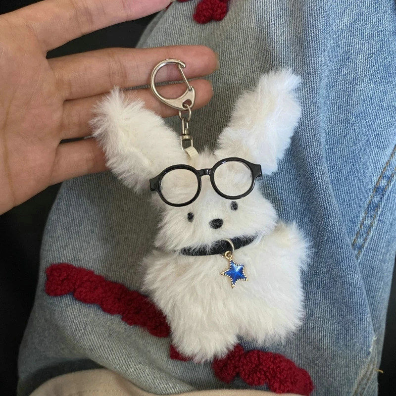Key Rings Cute Plush Pilot Rabbit Doll Chains Ring For Woman Kawaii Cartoon Backpack Pendant Car Toy Kids Birthday Gift 231117
