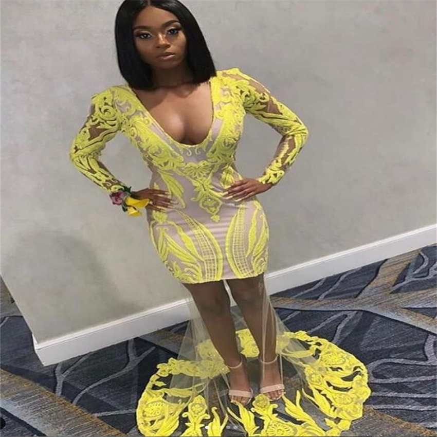 Sexy Yellow Black Girls Prom Dress 2023 Elegant Mermaid Evening Gowns V Neck Floor Length Long Sleeve Birthday Party Graduation Formal Occasion Vestid