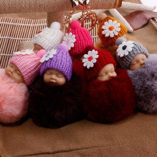 Cute Sleeping Baby Doll Keychain Pompom Helmet Rabbit Fur Ball Carabiner Key Chain Keyring Key Holder Bag Pendant key Ring Gift