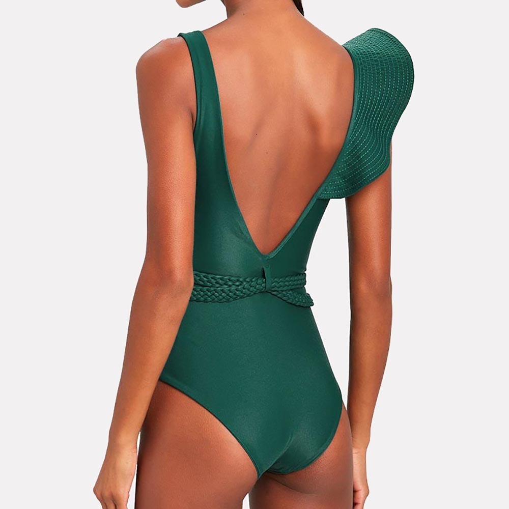 Women's Swimwear Swimwear Women Sexy Swimsuits Deep-v Beach Wear Shoulder Solid Ruffled Plus Size Bathing Suit Summer Micro Bikini 230417