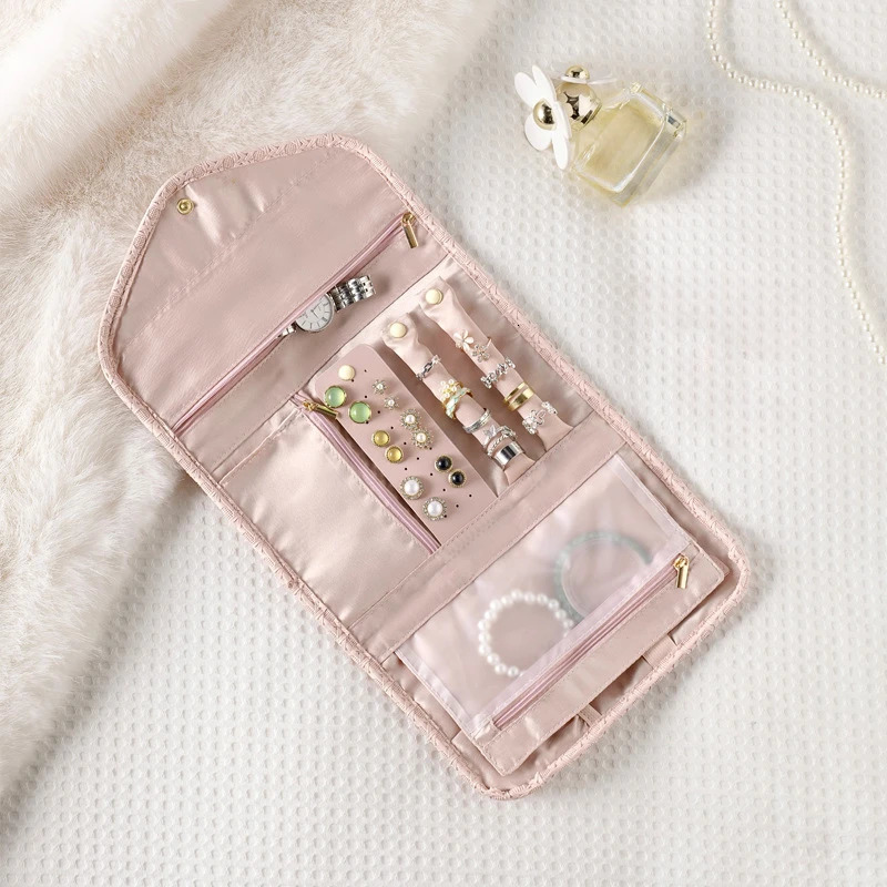 Jewelry Boxes Travel Organizer Roll Velvet Foldable Case for Journey Rings Necklaces Jewerly Storage Bag 231117