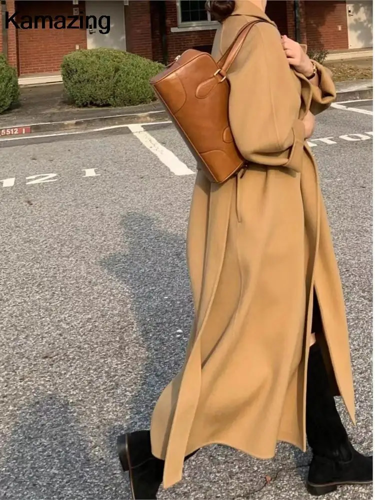 Women's Wool Blends Women Elegant Long Woolen Coat with Belt Autumn Winter Fashion Solid Long Sleeve Chic Outerwear Ladies Casual Overcoat 231116