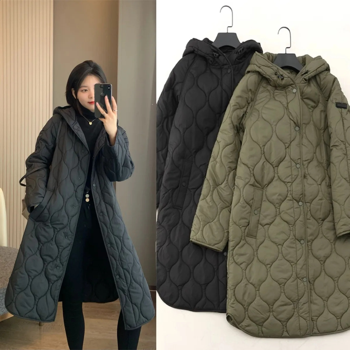 Women's Down Parkas Midlength quilted parka for women Hooded Aline version lightweight warm thin cottonpadded jacket ladies 231116