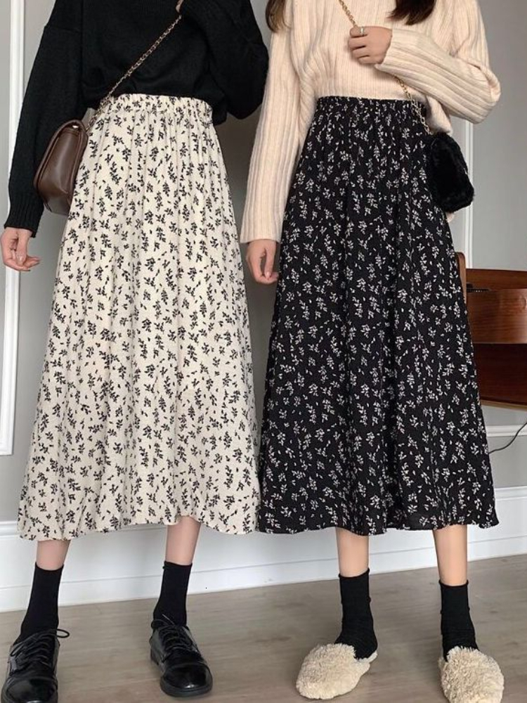 Skirts HOUZHOU Vintage Floral Skirt Women High Waist A-line Mid-Calf Casual Skirt Korean Fashion Loose Spring Summer Female Outfit 230417
