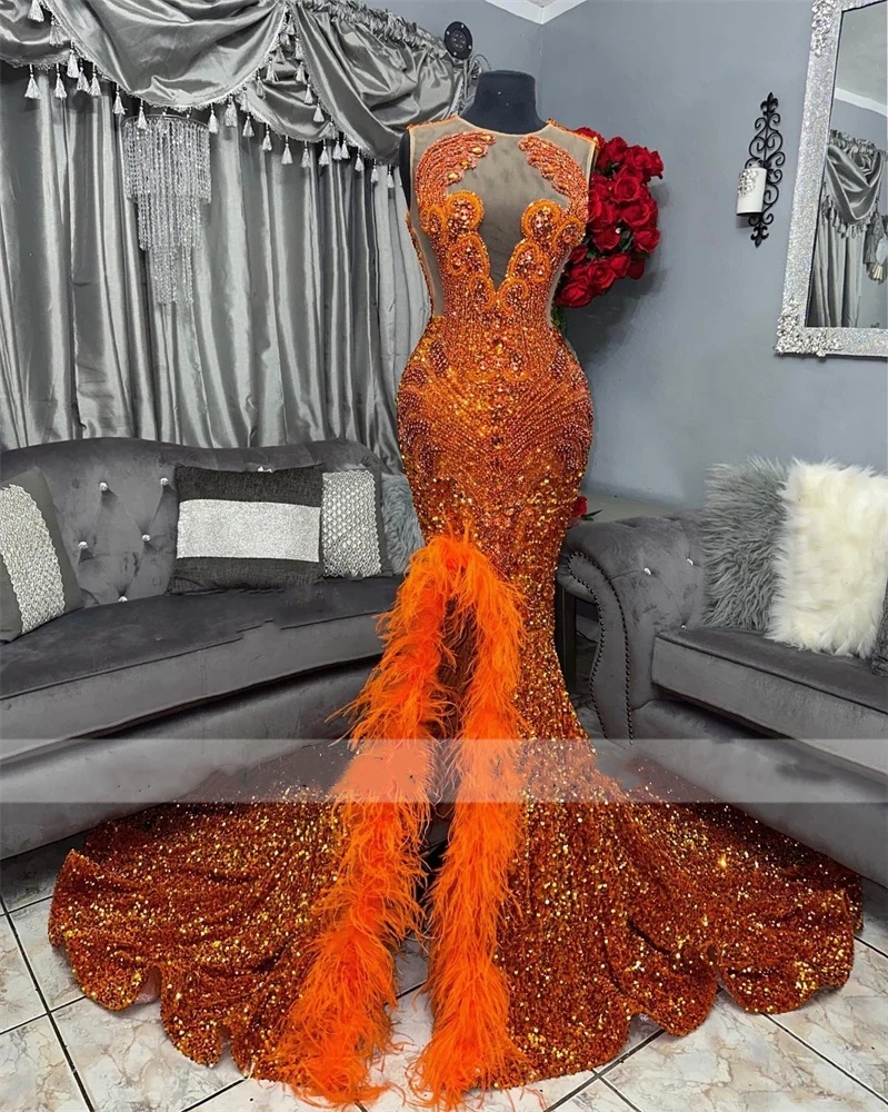 Real photos Orange Prom 2024 For Black Girls Beads Feathers Party Dress High Slit Evening Dresses Robes De Soiree