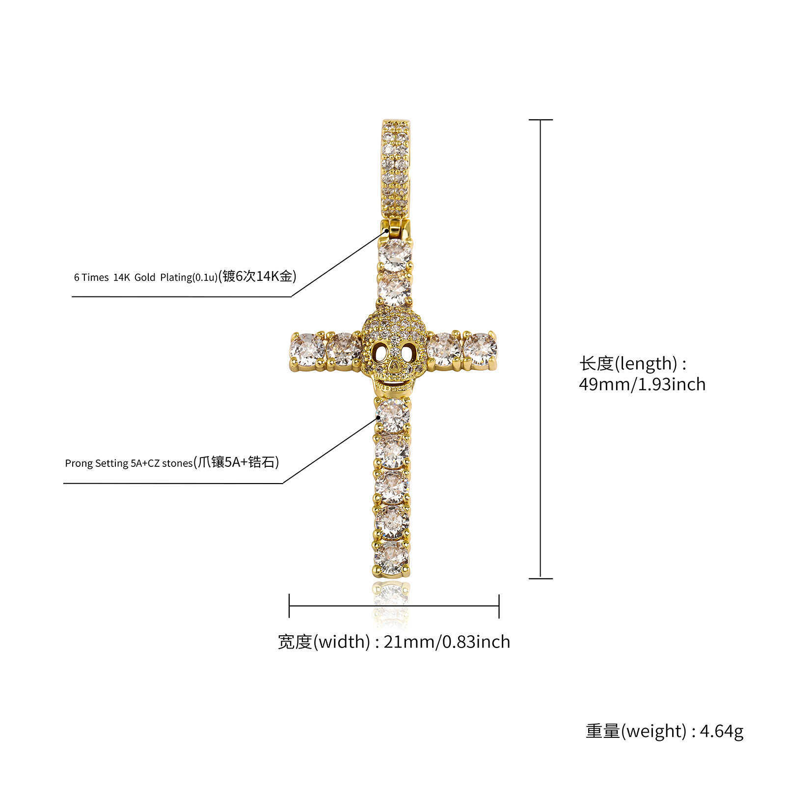 Hip Hop Style New Full Diamond Skeleton Cross Pendant Necklace for Guys Mens and Womens Punk Trend Iced Out CZ Stone Cubic Zirconia Hip Hop Jewelry Bi