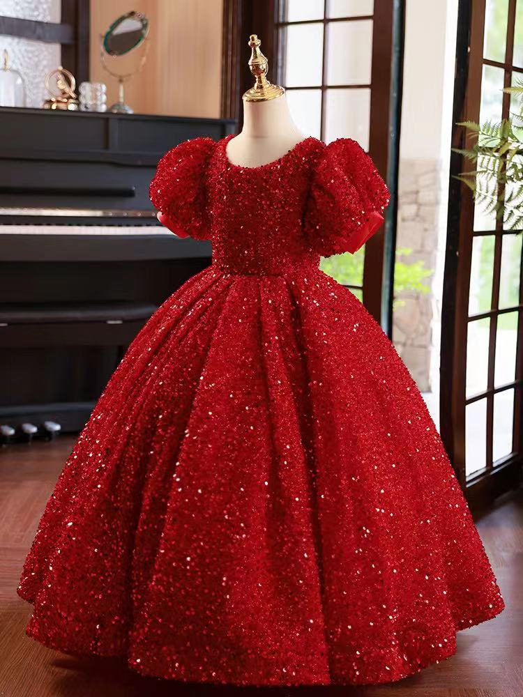Red Flower Girl Dresses Jewel Neck Ball Gown Lace Appliques Beads Sequined Kids Girls Princess Pageant Dress For Wedding Birthday Party Christmas Gown