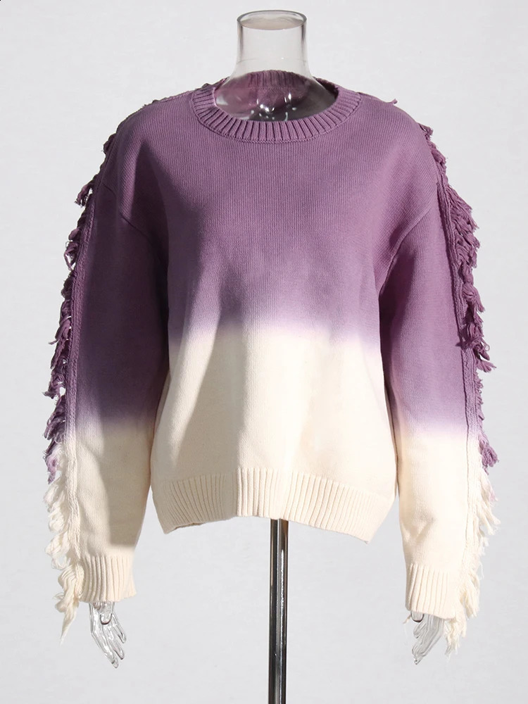 Women's Sweaters TWOTYLE Ombre Casual For Women O Neck Long Sleeve Patchwork Tassel Temperament Loose Sweater Female Fashion Style 231116
