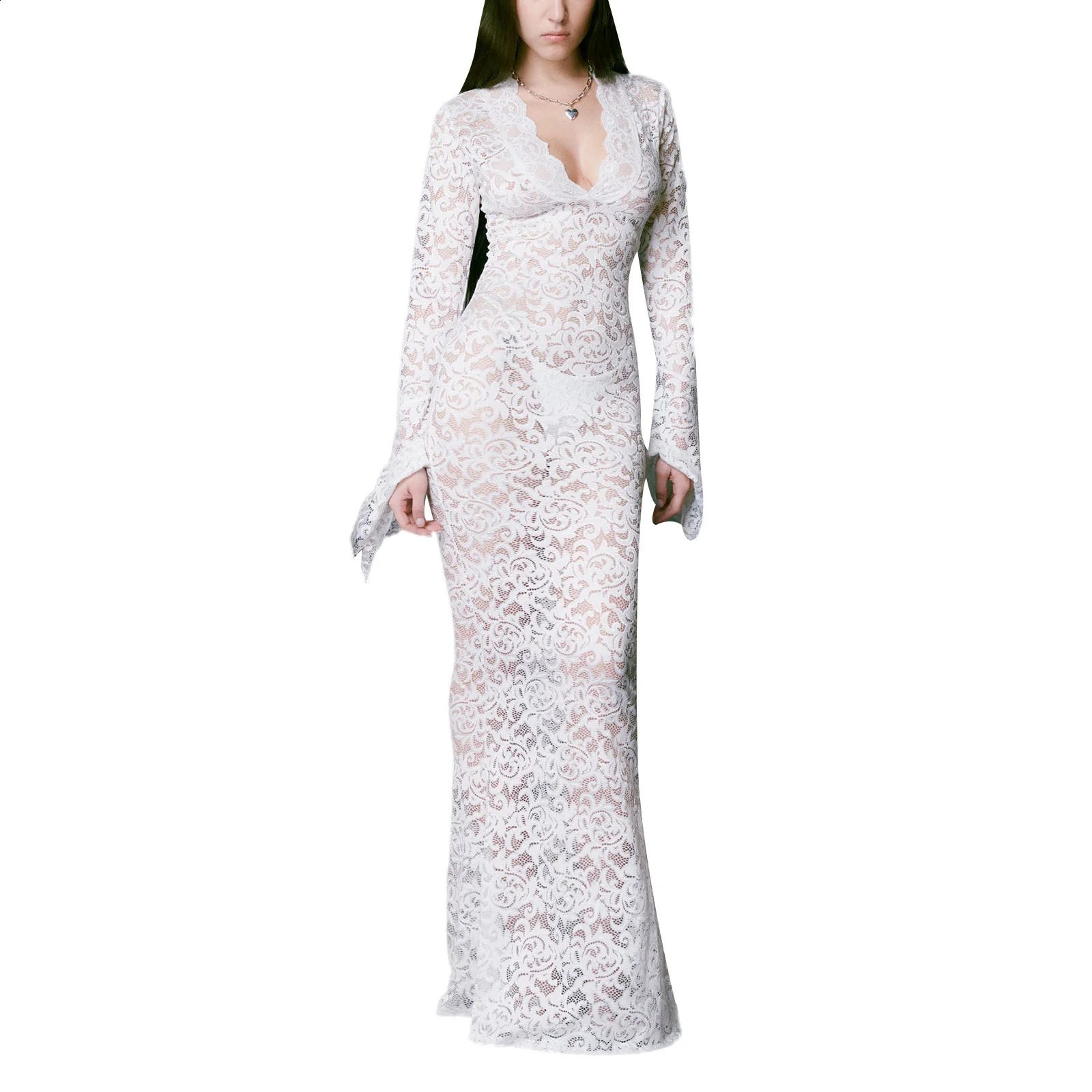 Basic Casual Dresses Women Long Fitted Dress Long Sleeve V Neck Seethough Evening Dress Lace Floral Party Dress 231116