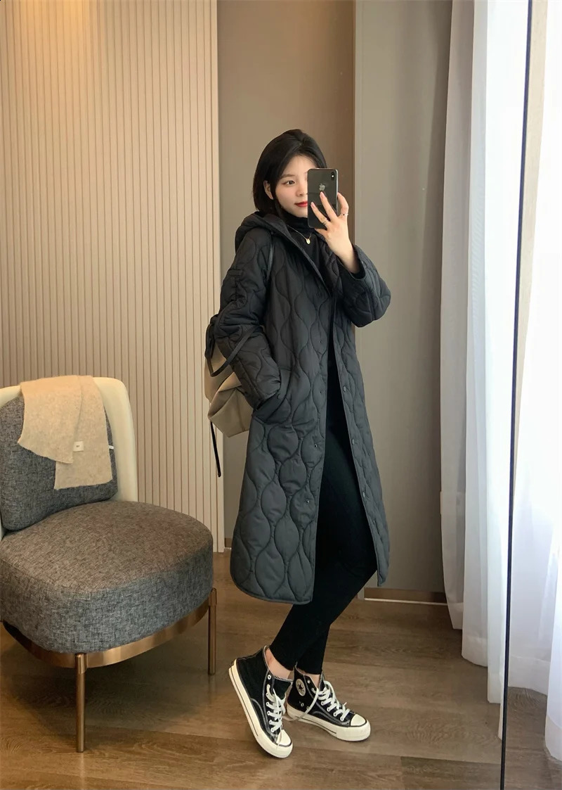 Women's Down Parkas Midlength quilted parka for women Hooded Aline version lightweight warm thin cottonpadded jacket ladies 231116