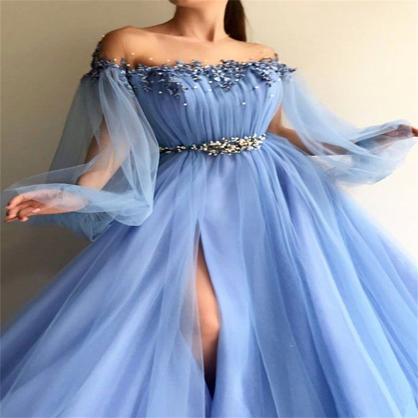 Sky Blue Long Sleeve Prom Dress 2023 With Beaded Sexy High Slit A Line Tulle Birthday 18 Party Gown Elegant Puff Sleeve Evening Dresses Graduation Ves