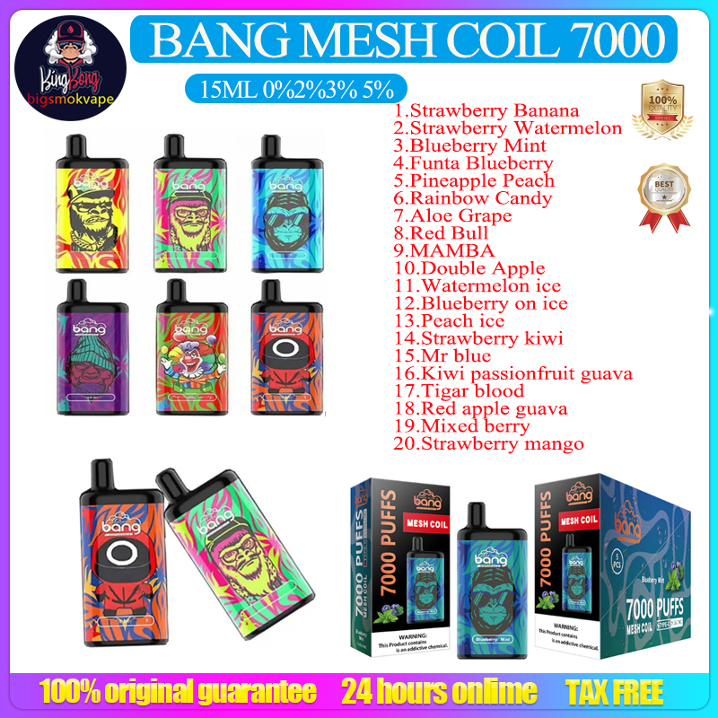 Original Bang Mesh Coil 7000 Puffs Disposable Vape Bang Vapes Vape Puffs 7000 0% 2% 3% 5% Pod E Cigarette Devices Rechargeable Battery 850mAh 15ml
Original Bang Mesh Coil 7000 Puffs Disposable Vape Bang Vapes Vape Puffs 7000 0% 2% 3% 5% Pod E Cigarette Devices Rechargeable Battery 850mAh 15ml
