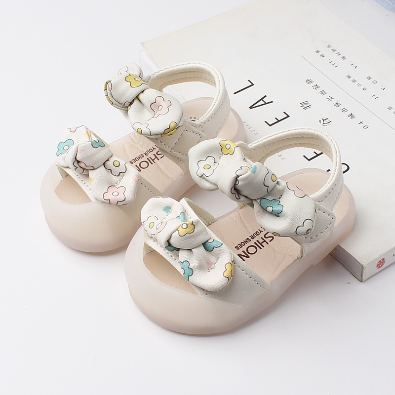 Sandals Summer Sweet Princess Shoes Baby Fashion Breathable Flower Print Bowtie Toddler Shoes Soft Bottom Girls' Sandals 230417