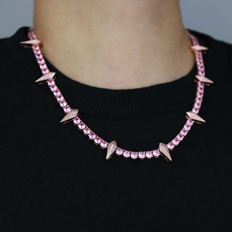 Drop Ship Hip Hop Spike Charm Necklace Paved Pink Cz Stone Plated Rose Gold for Women Men Punk Styles Iced Out Jewelry