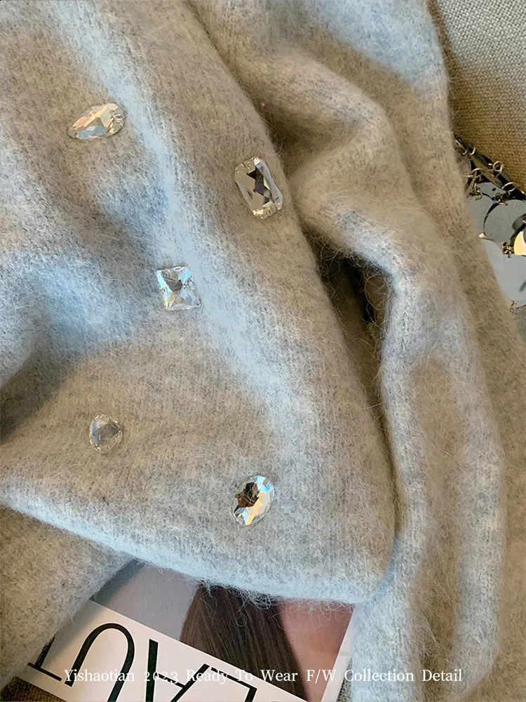 Women's Sweaters Casual Grey Mohair Autumn Winter Fashion ONeck Knitted Top Pullovers Crystal Diamonds Office Lady Oversized Streetwear 231116