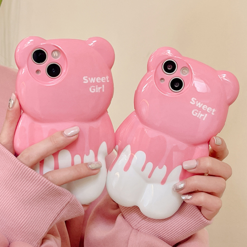 3D Cute Cartoon Bear Cases Pink Ice Cream Melting Graffiti Flowers Butterfly For iPhone 14 13 Pro Max 13 12 11 Pro X XR XS Max Silicone Protective Sho