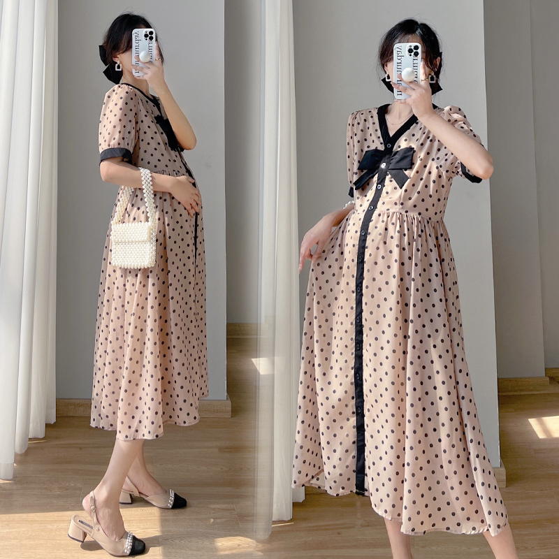 Maternity Dresses 8927# Summer Korean Fashion Dot Printed Maternity Long Dress Elegant Chic Ins A line Slim Clothes for Pregnant Women Pregnancy 23041