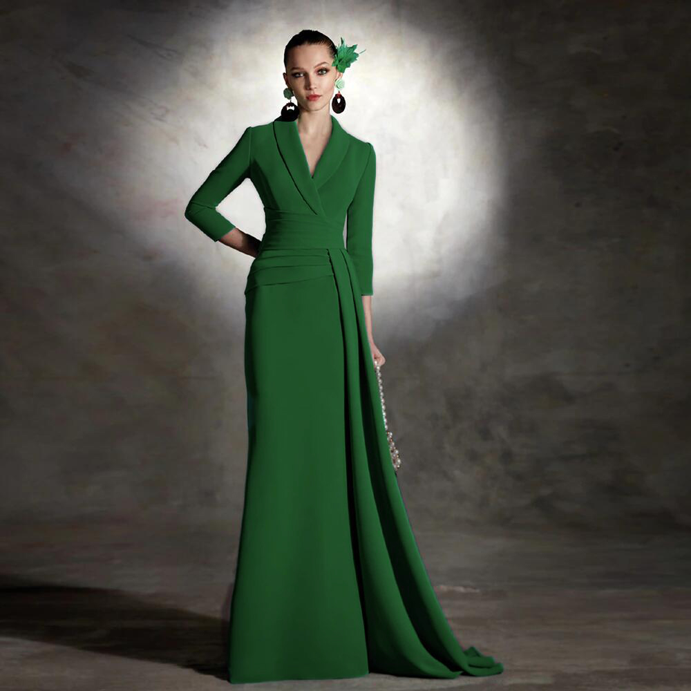 Dar Green Evening Formal Dresses Elegant V Neck 3/4 Sleeves Soft Satin Mermaid Women's Formal Prom Gowns 2023 Vestidos Longo Robe De Soiree