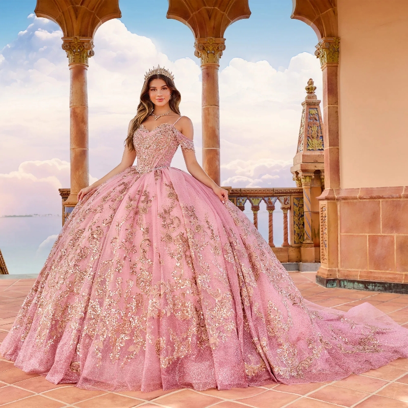 Pink Shiny Quinceanera Dress Princess Prom Gown Tulle Gold Appliques Lace Beads Sweet 15 16 Dress Vestidos De 15 Anos