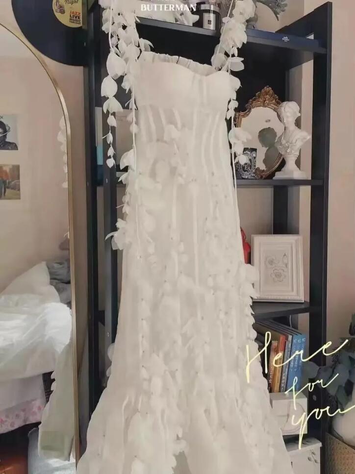 Modern White 3D floral mermaid prom Dresses 2023 Spaghetti Lace Appliques Beaded Plus Size arabic evening Gowns Vestidos De Novia