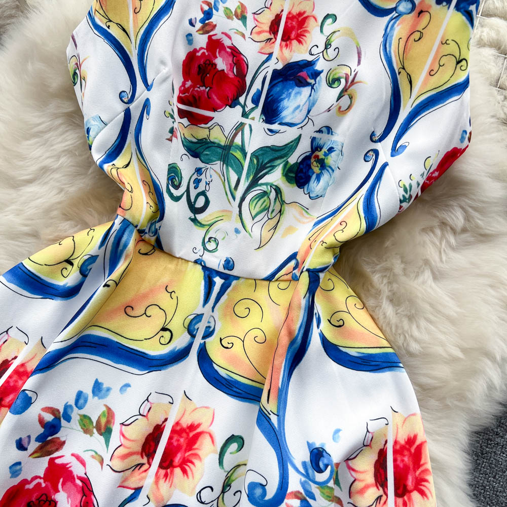French Style Hanging Neck Sleeveless Tank Top Dress Summer High end Design Positioning Printing High end Small Dress