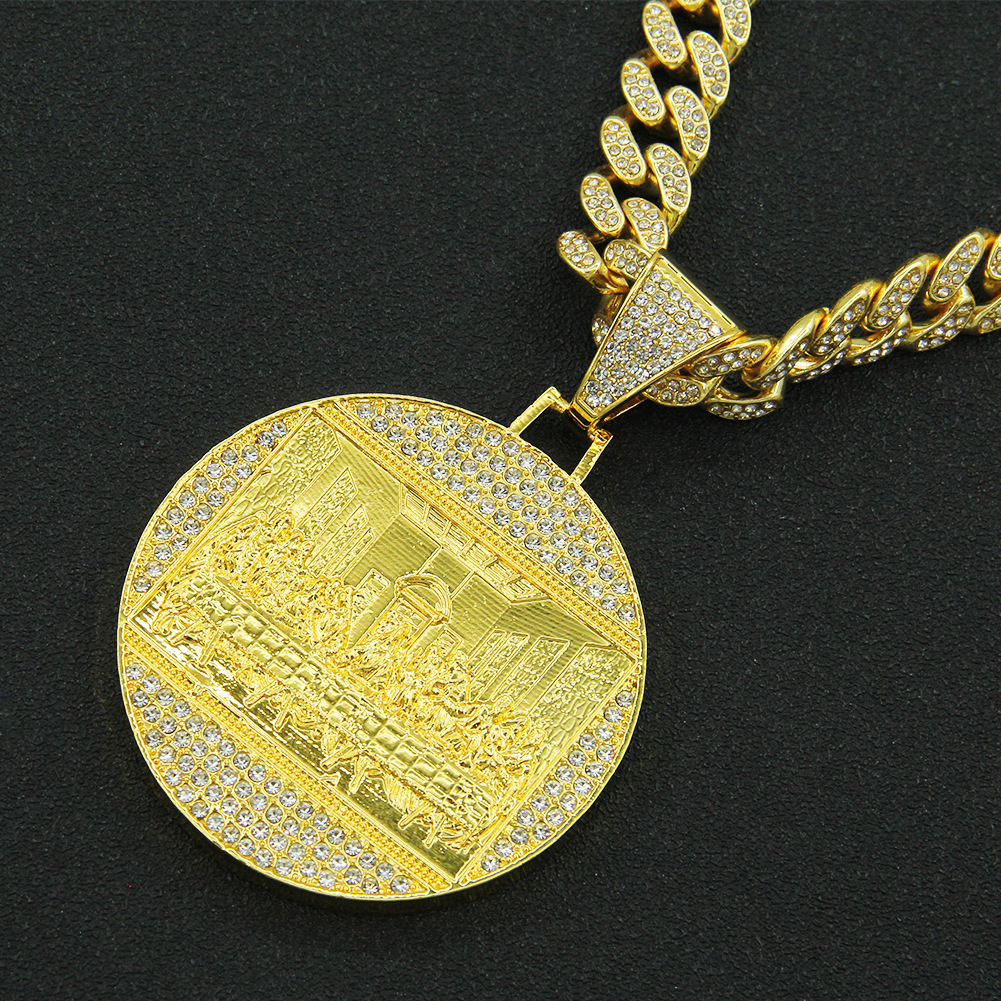 Pendant Necklaces Hip hop exaggerated diamond embellished large round label pendant necklace trendy men punk domineering cool Cuba chain accessory 210