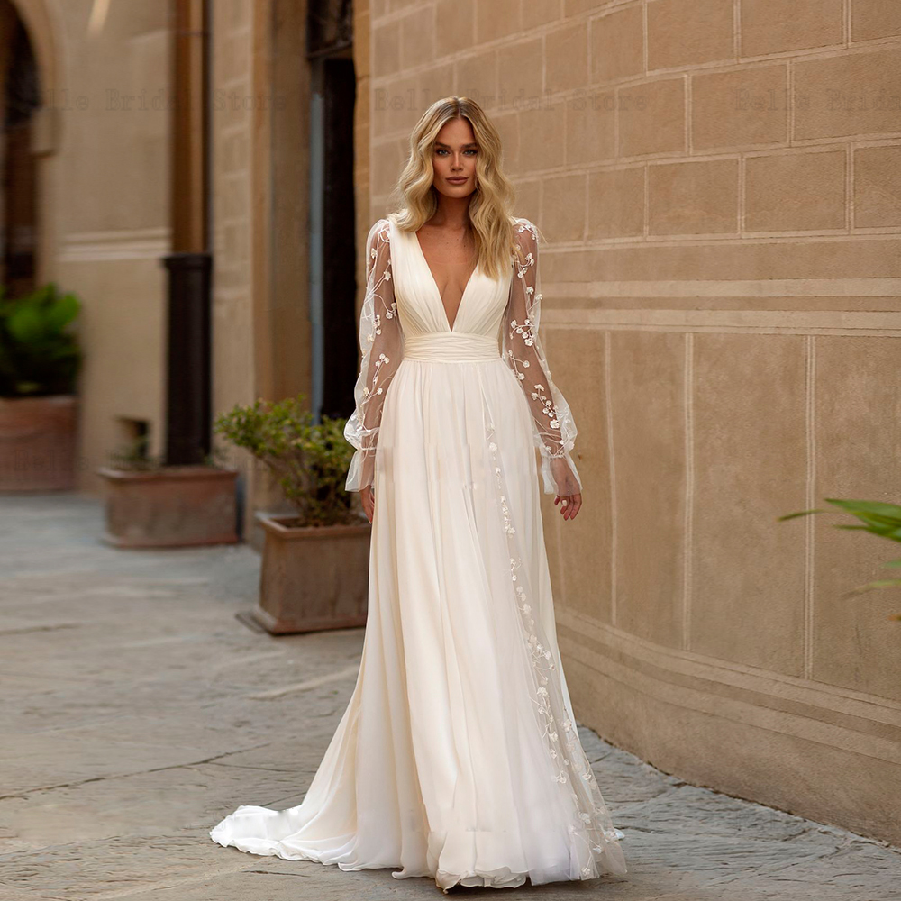 Deep V Neck A Line Wedding Dresses for Bridal Long Sleeves Backless Appliques A-Line Garden Wedding Gowns with Side Split