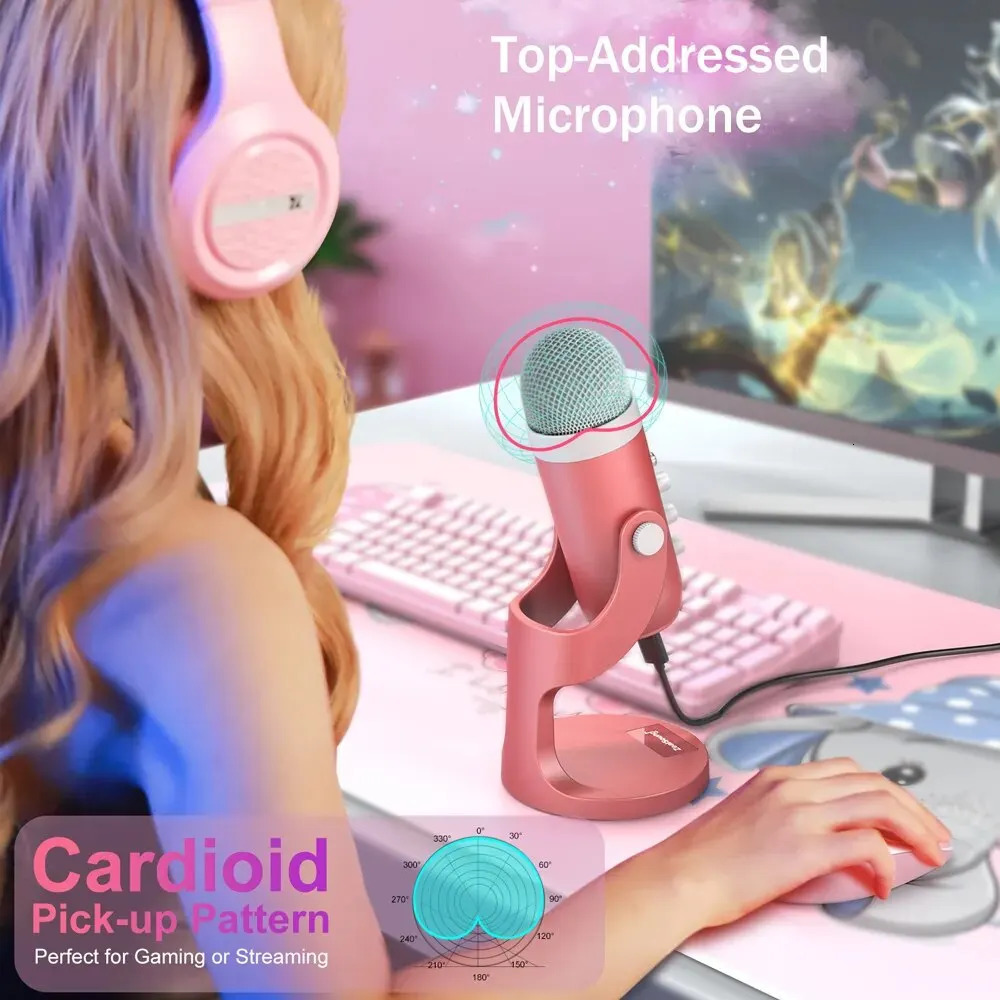 Microphones USB Condenser Microphone Pink Studio Recording Mic for PC Mac Computer Phone Gaming Streaming Podcasting Vocals Laptop Desktop 231117