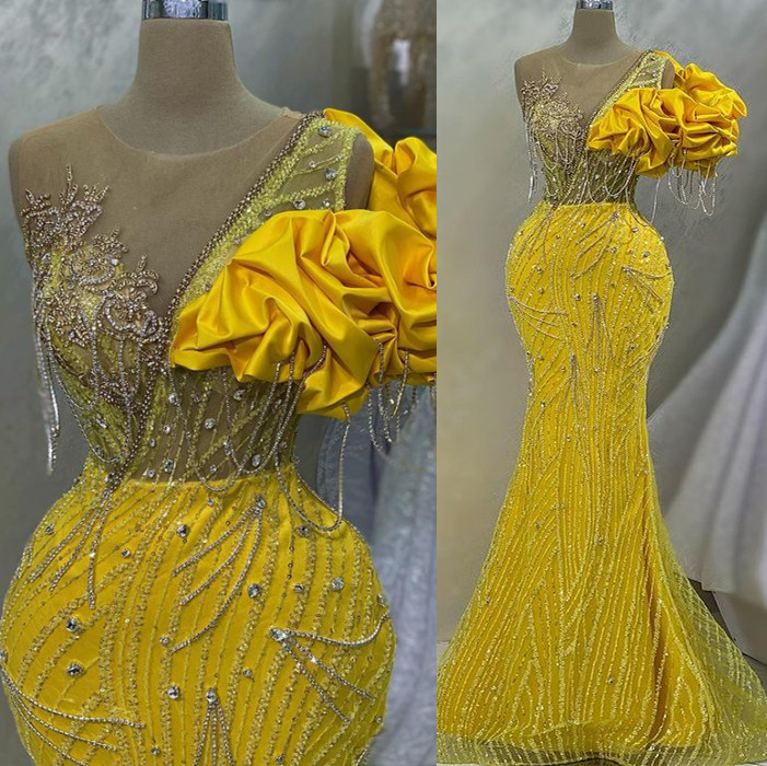 Aso April Ebi Yellow Mermaid Prom Crystals Beaded Sexy Evening Formal Party Second Reception Birthday Engagement Gowns Drs Robe De Soiree ZJ Lz0304