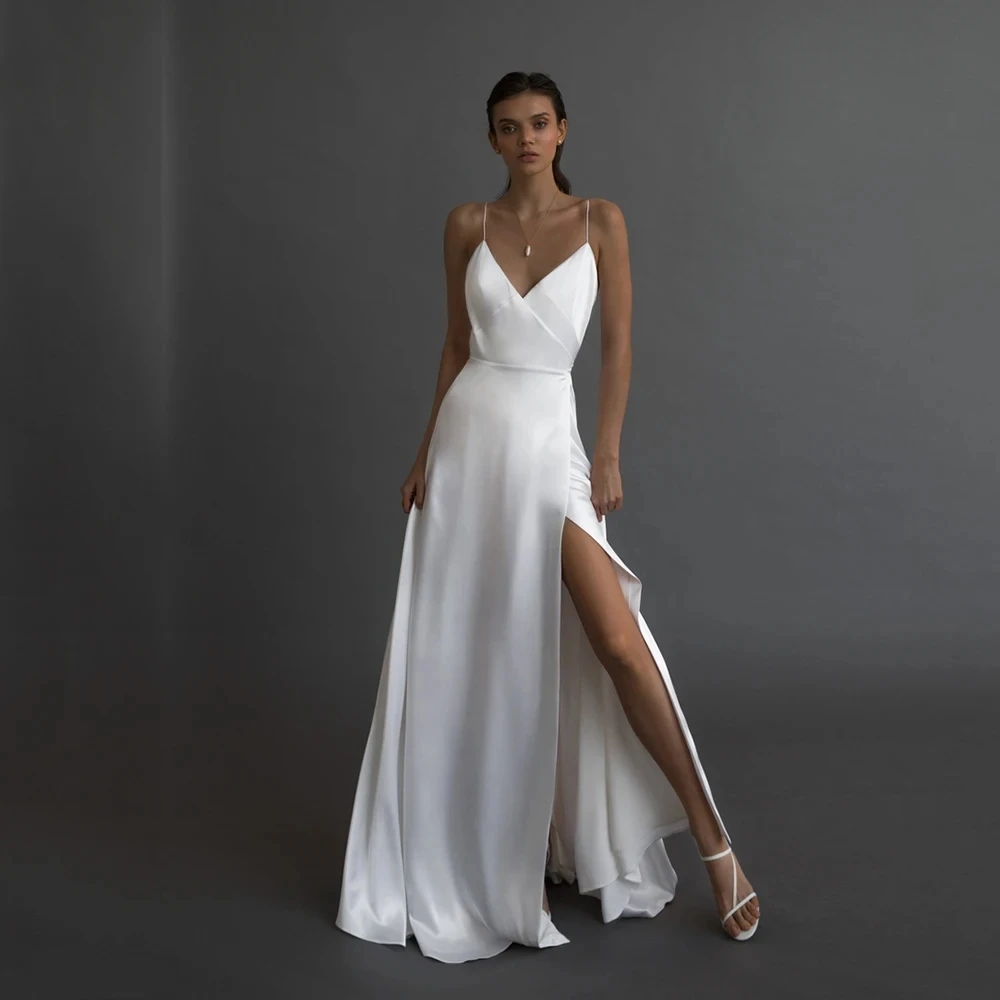 2024 Simple A Line Satin Wedding Dress For Women V Neck Spaghetti Straps Bridal Gown Sexy High Split Backless Vestido De Novia