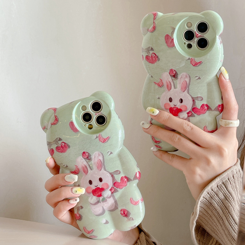 3D Cute Cartoon Bear Cases Pink Ice Cream Melting Graffiti Flowers Butterfly For iPhone 14 13 Pro Max 13 12 11 Pro X XR XS Max Silicone Protective Sho
