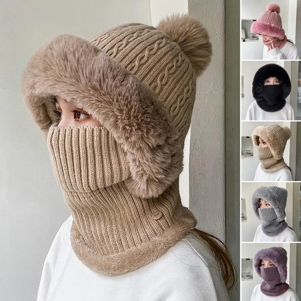 BeanieSkull Caps Knitted Hat Pompom Plush Ears Protection Solid Color Autumn Winter Women Face Cover Neck Gaiter Warmer Beanie Cap for Ski 231116
