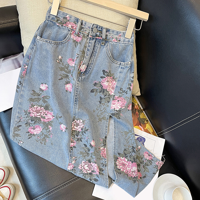 Skirts Women Denim Skirts Summer Floral Print High Waist Split A-Line Skirt Streetwear All-match Casual Jeans Skirt Female 230417