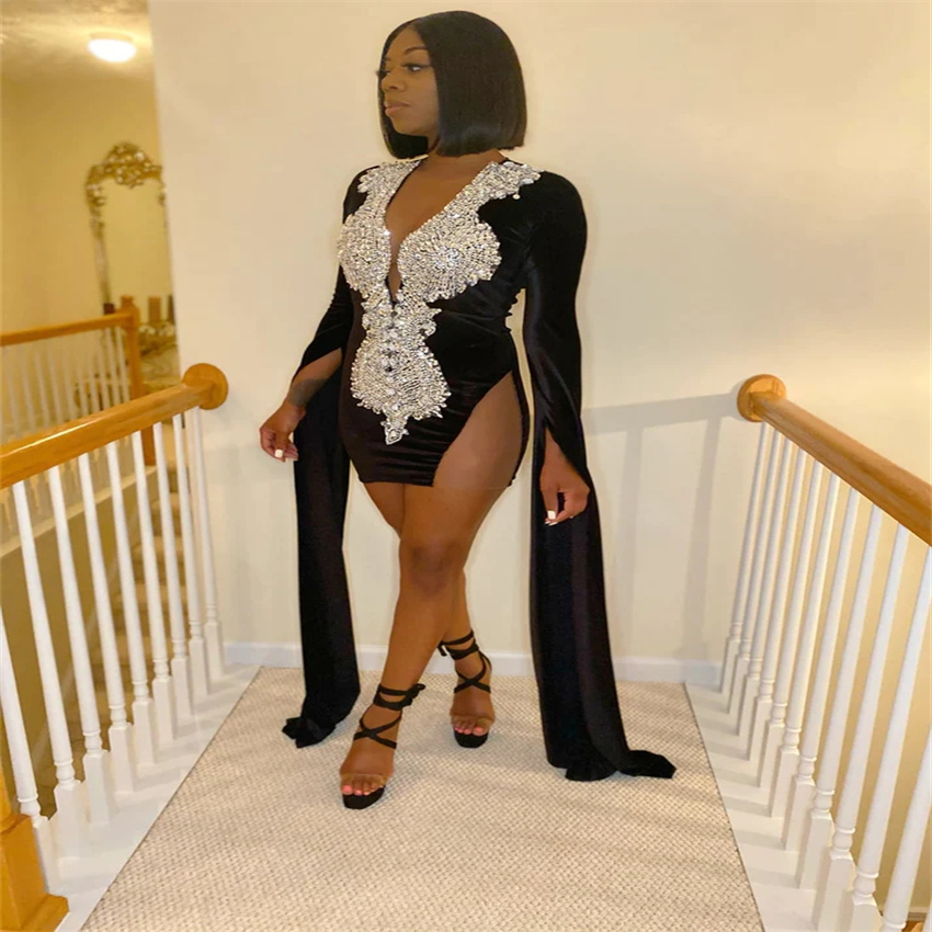 Sexy Black Girls Short Prom Dress With Long Sleeve O Neck Beaded Velvet Cocktail Party Dresses 2023 Sheath Birthday Evening Wear Homecoming Women Vest